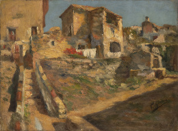 837.  FRANCESC GIMENO ARASA (Tortosa, Tarragona, 1858-Barcelona, 1927)Paisaje de casas de pueblo