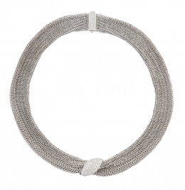 286.  Collar de malla tubular flexible a modo de tejido, con centro de hoja oblícua de pavé de brillantes, y barra curva de pavé de brillantes como cierre