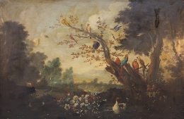 820.  ESCUELA ESPAÑOLA, H. 1900Concierto de aves sobre un paisaje