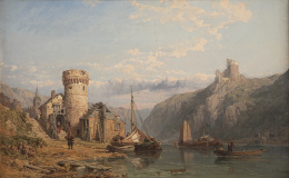 846.  CLARKSON STANFIELD (Inglaterra, 1793-1867)Vista de pueblo pesquero con personajes