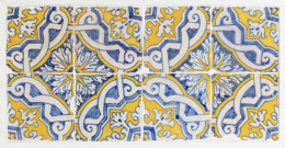 501.  Panel de ocho azulejos de cerámica en azul, blanco y amarillo.Portugal, S. XVII.