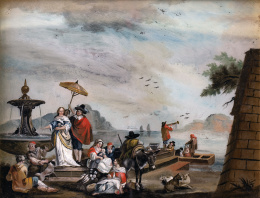 796.  ESCUELA CENTROEUROPEA, SIGLO XVIIIVista de paisaje marítimo con figuras junto a una fuente