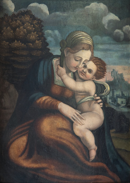 772.  PEDRO DE MACHUCA (h. 1490-1550)Virgen María con Jesús en su regazo sobre fondo de paisaje
