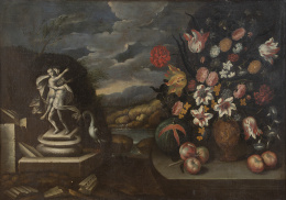 832.  ESCUELA ITALIANA, SIGLO XVIIJarrón de flores, frutas y escultura sobre un paisaje