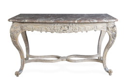 1195.  Consola con tapa de mármol de madera tallada y policromada.Francia, S. XIX.