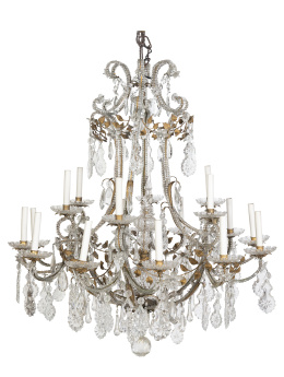 1436.  Lámpara de techo de dieciocho brazos de luz de bronce dorado y cristal.XIX