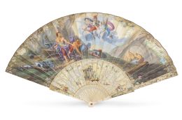 679.  Abanico montado a la inglesa, con país pintado con escena mitológica en el anverso y de "chinoiserie" en el reverso, varillaje y padrones  de hueso tallado.h. 1750-1760.