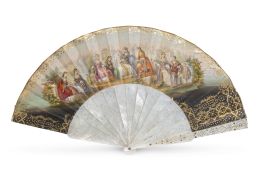 676.  Abanico con país pintado e iluminado con escena pastoril en anverso y escena de una boda en el reverso; el varillaje y padrones de nácar calado con incrustaciones metálicas.h. 1840 - 1850.
