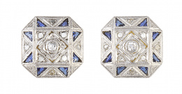 130.  Pendientes octogonales  Art-Decó de diamantes y zafiros de talla triangular