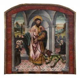 789.  ESCUELA CASTELLANA, SIGLO XVISan Bartolomé y el demonio encadenado con donantes