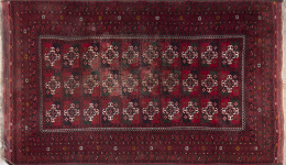 602.  Alfombra bukkara en lana de campo rojo y decoración geométr