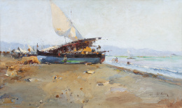 894.  JOSÉ NAVARRO LLORENS (Godella, Valencia, 1867-Valencia, 1923)Barcas en la playa