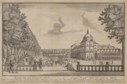 751.  PIETER VAN DEN BERGE (segunda mitad S. XVII)Vista de uno de los siete claustros del Escorial y Vista del Palacio de Aranjuez