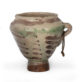 1311.  Mortero de cerámica esmaltada en verde y manganeso con un asa.Teruel, S. XVII.