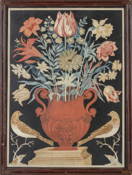 1174.  Jarrón de flores flanqueado por pajaritos.Escayola policromada sobre pizarra.Trabajo italiano, S. XVII - XVIII.
