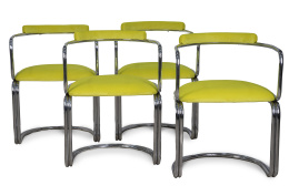 1187.  Juego de cuatro sillas de acero cromado y tapicería amarilla.Zougouse Victoria, Suiza, 1970.