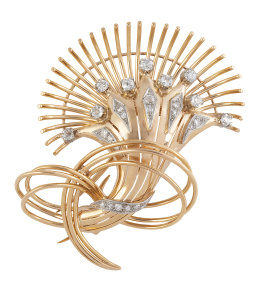 394.   Broche chevalier años 50 de brillantes con diseño de flor exótica estilizada, rematada con estambres de hilo 