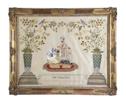 1341.  "San Felipe Neri".Bordado en hilos de color y grabado coloreado, con marco de madera tallada y dorada de la época.Firmado "Por Anastasia Aurrecochea. Colegio de la Soledad de Vergara. Año 1849".