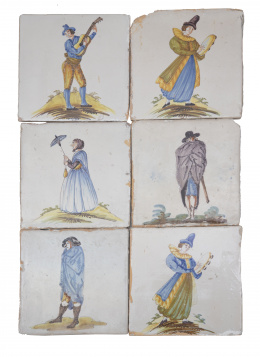 501.  Conjunto de seis azulejos con personajes esmaltados en azul cobalto, manganeso, ocre y verde.Valencia, S. XIX.
