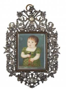 4.  Colgante con miniatura de niña con pájaro, ffs. S. XVIII-pps. S. XIX con marco de hojas de diamantes