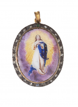154.  Colgante S. XIX con esmalte de Virgen Inmaculada orlado de diamantes