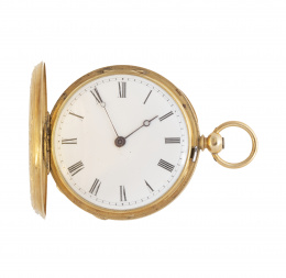 449.  Reloj saboneta S. XIX en oro de 18K, con decoración grabada en las tapas. JOVAUX. Numerado 54871
