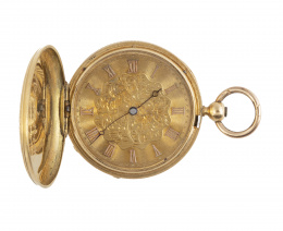 444.  Reloj saboneta S. XIX GROSSCLAUDE à fleurier en oro de 18 K y esmalte. Numerado 18592