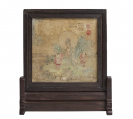 1145.  Biombo de mesa en alabastro pintado con Guanyin, soporte de madera.