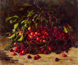 927.1.  MARÍA LUISA DE LA RIVA Y CALLOL DE MUÑOZ (Zaragoza, 1865 - Madrid, 1926)Bodegón con de cerezas en cesta de mimbre