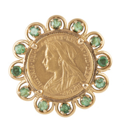155.  Broche años 60 con moneda de una libra de la reina Victoria