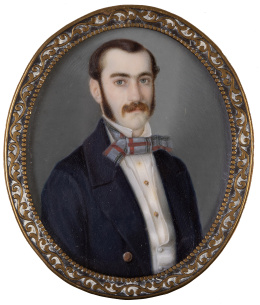 762.  JOSE BRIOSO Y RUIZ (Cádiz, segundo tercio S. XIX)Retrato de caballero con pañuelo de cuadros y levita azul1848