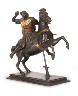 1169.  Soldado sobre caballo rampante.Bronce dorado y policromía.S. XVIII.
