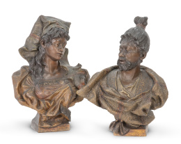 1251.  Pareja de bustos orientalistas en terracota policromada. Marca incisa en el reverso.Trabajo austriaco, finales del S. XIX.