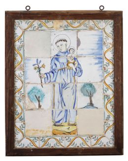 508.  San Antonio y el Niño.Panel de azulejos de cerámica vidriada, decorada con greca de cintas y frutos.Cataluña, S. XVIII.