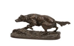 701.  Pierre-Jules Mène (1810-1879)."Perro cazando".Escultura en bronce. Firmada "P. J. Mene".