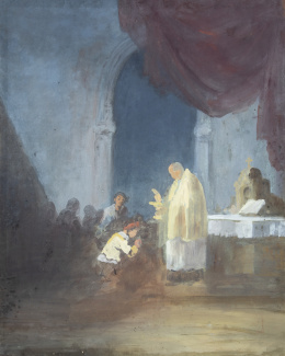 834.  EUGENIO LUCAS VELÁZQUEZ (Madrid, 1817-1870)La bendición en un interior de iglesia