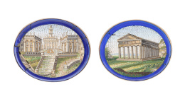 54.  Pareja de broches ovales S. XIX con micromosáicos romanos de arquitecturas clasicas realizados en piedras duras