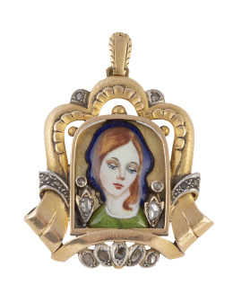 161.  Medalla Art-Decó con Virgen de esmalte en marco calado form