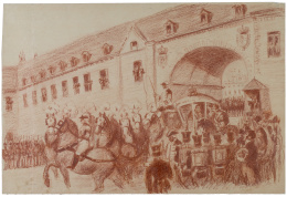 827.  ESCUELA ESPAÑOLA, SIGLO XIXSalida de la comitiva regia con Fernando VII por el Arco de la Armería, el Palacio Real al fondo 