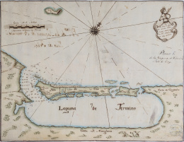 761.  ESCUELA MEXICANA, SIGLO XVIIIMapa: Plano de la laguna de Términos, en Campeche (México), e isla del Carmen (o de Tris)1781