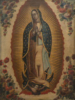 830.  JOSEPH DESLABBES (Escuela mexicana, siglo XVIII) Virgen de guadalupe con guirnaldas de flores
