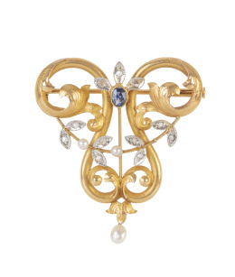 65.  Broche Art-Nouveau de diamantes, perlitas y zafiro central 
