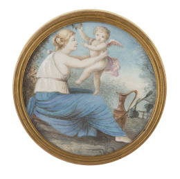 1153.  Caja circular de hueso con figura mitológica pintada en la tapa.S. XIX.