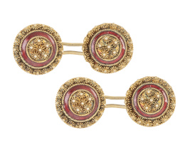 96.  Gemelos dobles circulares con esmalte rojo y decoración de filigrana