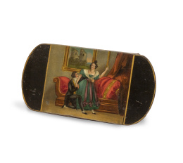 682.  Funda para gafas de madera lacada y dorada con escenas galante y picaresca.h. 1830-1840.