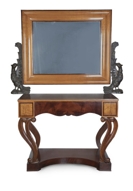 1176.  Mueble de tocador fernandino, de madera frutal, palma de caoba y madera ebonizada.Trabajo mallorquín, h. 1830.