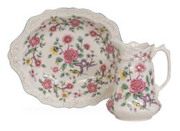754.  Aguamanil de loza estampada y pitada con flores de la serie "Chinese Rose".James Kent, Inglaterra, segunda mitad del S. XX.