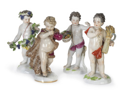 1227.  Cuatro alegorías de las estaciones de porcelana esmaltada.Meissen, (1860-1924).