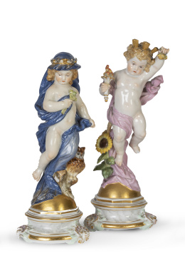 1225.  El día y la noche.Figuras de porcelana esmaltada y dorada.Meissen, (1818-1860).