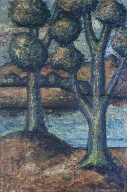 938.  GINÉS PARRA (Zurgena, Almería, 1896 - París, 1960)Paisaje con árboles, c.1948Óelo sobre tela de saco. 80 x 53cm.En Estudio